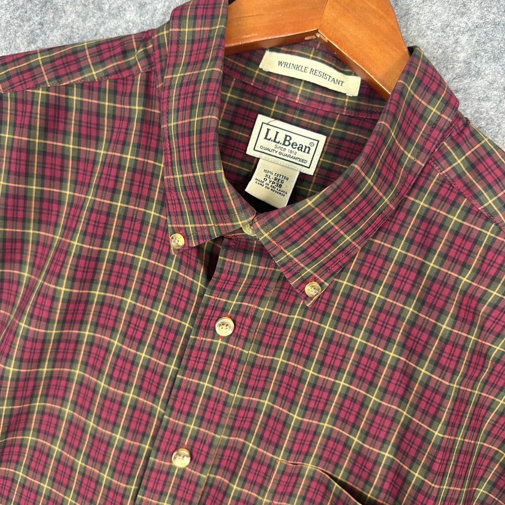 LL Bean Button Down Mens XL Red Plaid Wrinkle Resistant Long Sleeve Cotton Shirt